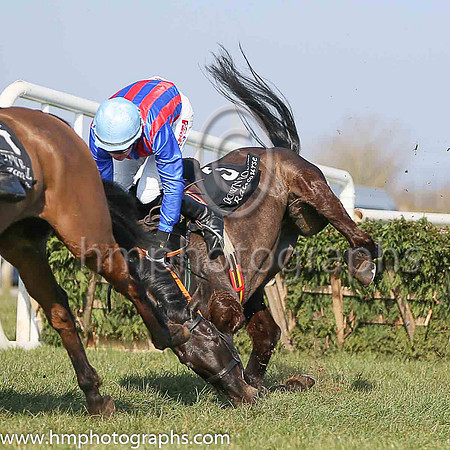 13thF Tyrone Tiger ( 3 , red and royal blue stripes ) and C.M. Collins (2) - Trainer : Miss Suzy Barkley - Owner : Applepie Syndicate