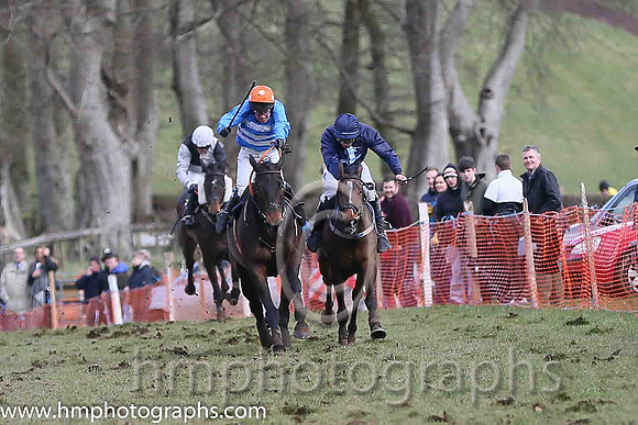 01st BRIDGE END? and N McParlan ( 6 ,Antrim (H)?- BLUE  WHITE HOOPS; blue, plain sleeves; orange cap,white spots ) Trainer: I. R. Ferguson,, Owner : Ferguson Jane  Paul