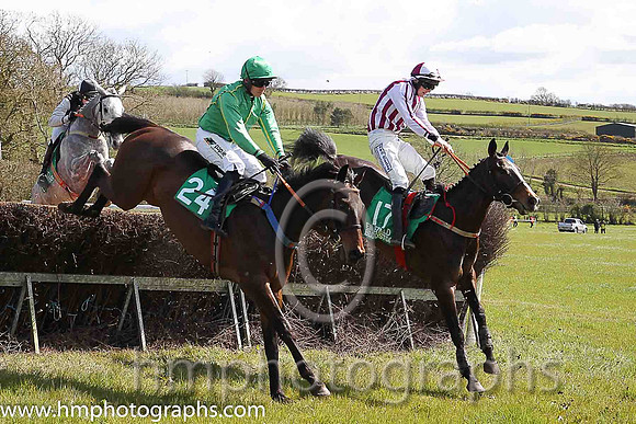 DRUMHILL CASTLE and D G Lavery ( 17 , WHITE  MAROON STRIPES; white,maroon seams sleeves; white  maroon qtd cap ) Trainer: B.R. Hamilton,, Owner : Syndicate Sticktothecows