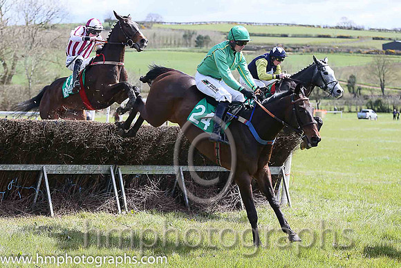 DRUMHILL CASTLE and D G Lavery ( 17 , WHITE  MAROON STRIPES; white,maroon seams sleeves; white  maroon qtd cap ) Trainer: B.R. Hamilton,, Owner : Syndicate Sticktothecows