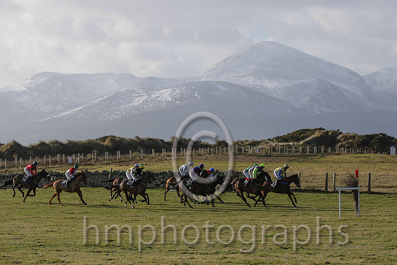The start of Race 1 at Tyrella with the snow covered Mourne Mountains as a backdrop