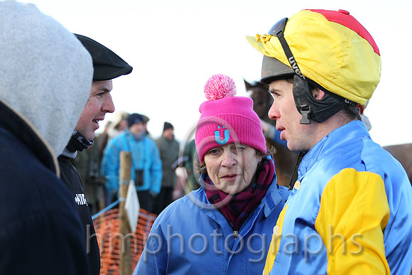 Derek O'Connor debriefs Robert , Ross and Edith Crawford father, brother and mother of Stuart Crawford trainer of Muirhead winner of Race 4 at Tyrella