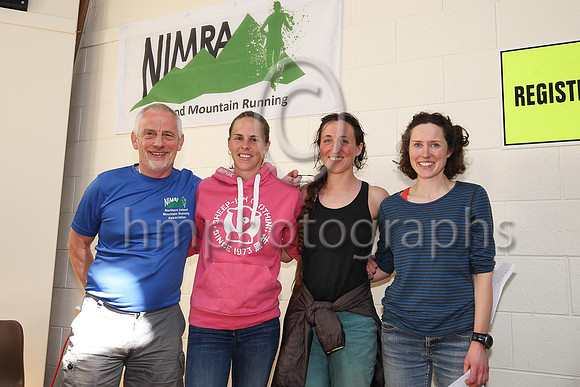 Ricky Cowan , Chairman of NIMR and the first three woman: 92 Bronwen Jenkinson ( 138 ) Eryri Harriers - FU23 1:12:29 , 82 Kelli Roberts ( 226 ) Ambleside AC - F 1:11:39 and 86 Miranda Grant ( 101 ) Er
