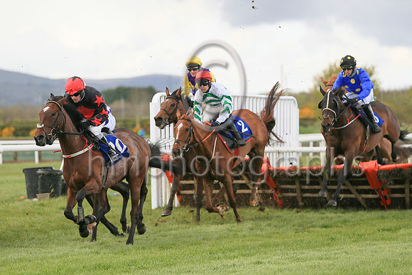 01st Tullybeg and J C Gainford7 ( 2 , green  and white chevrons ) Trainer - Mrs D Foster , Owner - Noel Moran  Mrs Valerie Moran