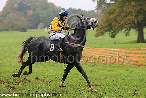 PIGEON BUTLER and N Gault ( 8 , ROYAL BLUE  YELLOW CHECK; yellow sleeves; royal blue  yellow check cap ) Trainer: Harry Smyth,, Owner : Harry Smyth