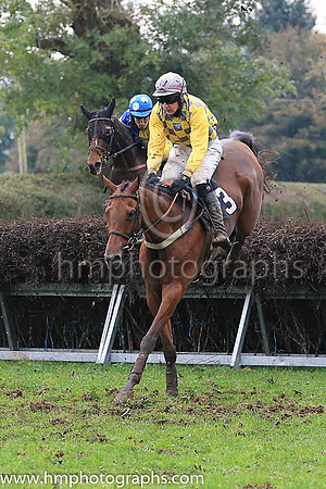 JUST FOR GERRY and A J Fox ( 3 , YELLOW  GREY CHECK; yellow sleeves; grey cap ) Trainer: Barbara E. Hanna , Owner : Syndicate Just For Gerry