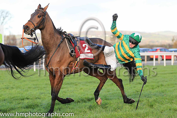 Mark Walsh takes a tumble from Carlingford Lough during the JNWINE.COM Champion Chase at Down Royal