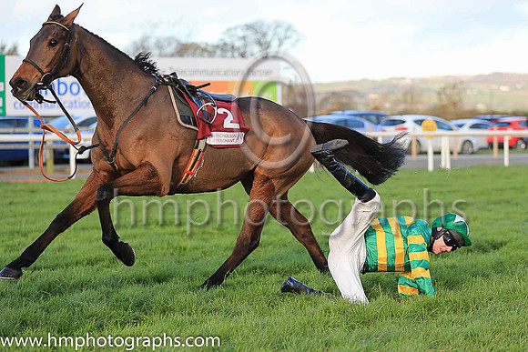 Mark Walsh takes a tumble from Carlingford Lough during the JNWINE.COM Champion Chase at Down Royal