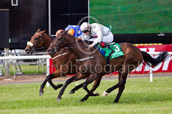 Celtic Dane (Orange Cap),  Jockey C D Haynes wins the Specsavers 2 For 1 Ulster Derby beating Northgate (Grey red star), Jockey P J Smullen  - CU2D0258-e3a4j