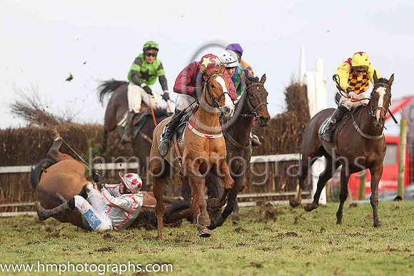 GEMMA'S FLAME and A J Fox ( 11 , GREY,red seams; grey sleeves,red seams; grey cap,red diamonds ) Trainer: Hugh Paul Finegan , Owner : Hugh Paul Finegan