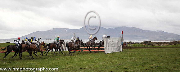 The second race at the East Down P2P Steeplechases underway with the Mourne Mountains in the background