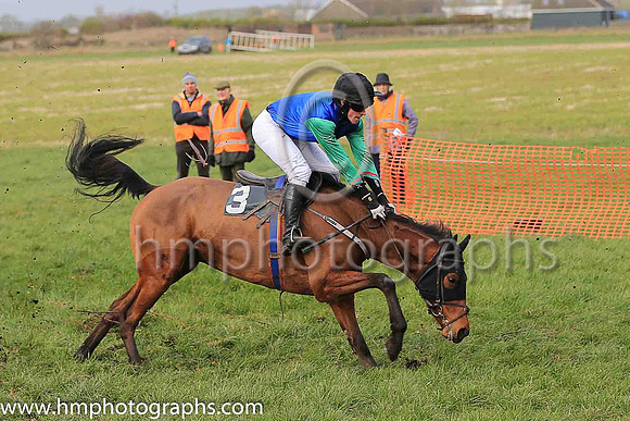FIRE AND FURY and D McConville ( 3 , BLUE; green sleeves; black cap ) Trainer: Marshall Watson , Owner : R.K. Watson