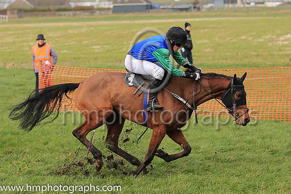 FIRE AND FURY and D McConville ( 3 , BLUE; green sleeves; black cap ) Trainer: Marshall Watson , Owner : R.K. Watson