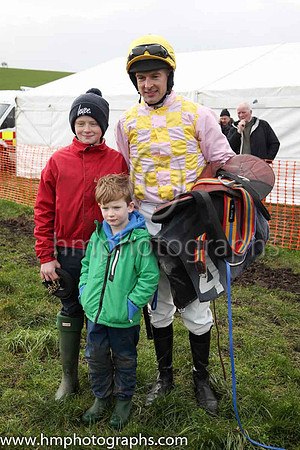 Sam and Will Ewing with Mark O'Hare after he won the first race at Kirkistown P2P on Bold Pla trainer and owned by Warren Ewing