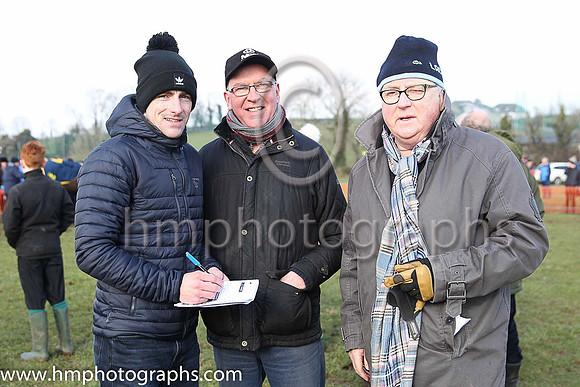 Brian Hughes, Niall Nugent of Keady and alan Buchanan (father of recently retired jockey Peter Buchanan) from Saintfield in discussion at Tynan and Armagh Hunt Point to Point