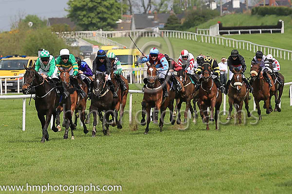 01st Ejayteekay and A E Lynch ( 5 , emerald green, white chevron ) Trainer - G P Cromwell , Owner - C B Poots