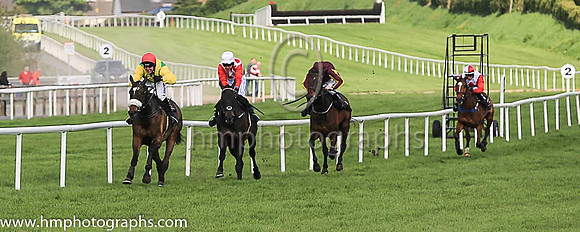 01st Moonshine Bay and R M Power ( 1 , emerald green, yellow chevron ) Trainer - Mrs J Harrington , Owner - Ann  Alan Potts Limited