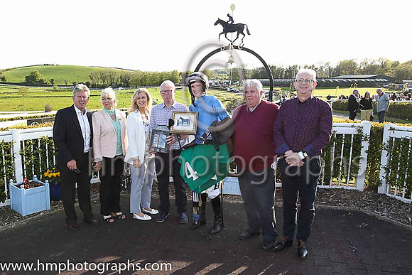 The Paddy Galbraith Memorial Handicap Hurdle Presentation group in the parade ring at Downpatrick - Gerald Gracey, Sara Gracey, Jeanette Rodgers, John Rodgers, Danny Mullins (jockey), MC Grassick (Own