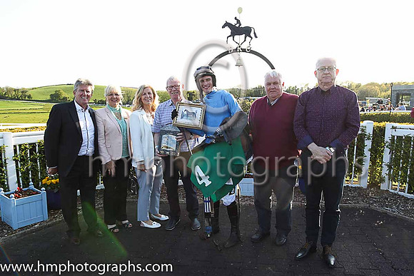 The Paddy Galbraith Memorial Handicap Hurdle Presentation group in the parade ring at Downpatrick - Gerald Gracey, Sara Gracey, Jeanette Rodgers, John Rodgers, Danny Mullins (jockey), MC Grassick (Own