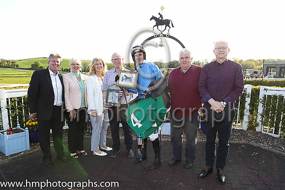 The Paddy Galbraith Memorial Handicap Hurdle Presentation group in the parade ring at Downpatrick - Gerald Gracey, Sara Gracey, Jeanette Rodgers, John Rodgers, Danny Mullins (jockey), MC Grassick (Own