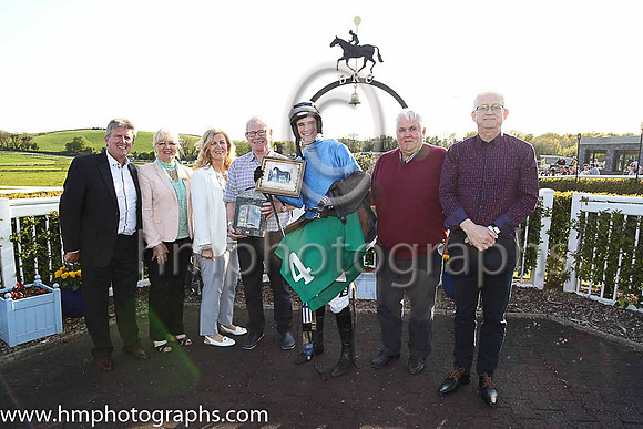 The Paddy Galbraith Memorial Handicap Hurdle Presentation group in the parade ring at Downpatrick - Gerald Gracey, Sara Gracey, Jeanette Rodgers, John Rodgers, Danny Mullins (jockey), MC Grassick (Own
