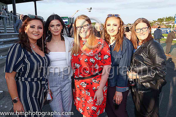 Emma Brown, Zoe Hanna, Denise Milligan, Claire Rogan and Julie Carville from Downpatrick enjoying themselves at Downpatrick Races