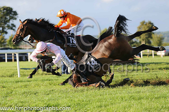 Fell - Redrobin and David Mulline (14, pink and grey diamonds) trainer David Harry Kelly - horse and rider were ok