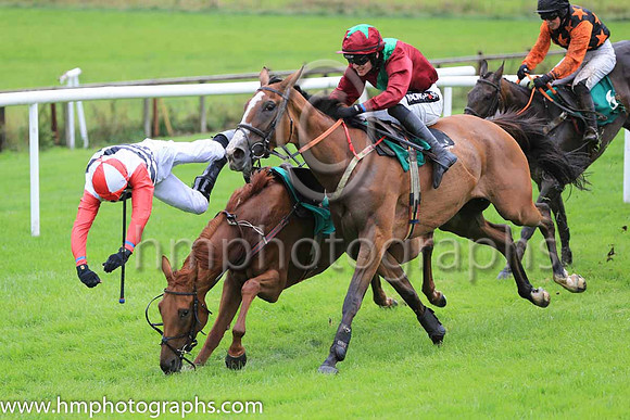Fell Perfect In Pink and D R Fox ( 2 , white, dark blue chevrons ) Trainer - M M McNiff , Owner - Sligo Racing Club