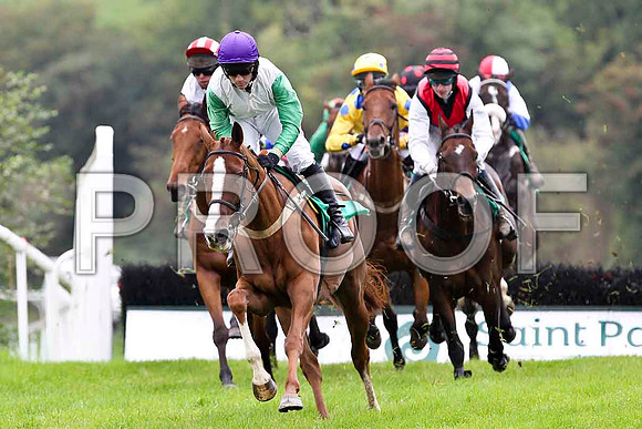 Miss Macauley ( Purple Cap) , Jockey Mr B T O'Connell - 13th in the lead - Lets Go sunshine , Jockey Mr B O'Neill - winner in centre in Yellow and Blue Spots - FT8E4050-e