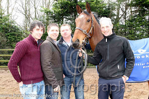 Colm McDonnell, with brothers Conor & Chris, owner of Hidden Horizons winner of the Toals bookmakers Ulster Grand National at Downpatrick. Trainer Stuart Crawford is right of picture - CU2D1411-Edit-9