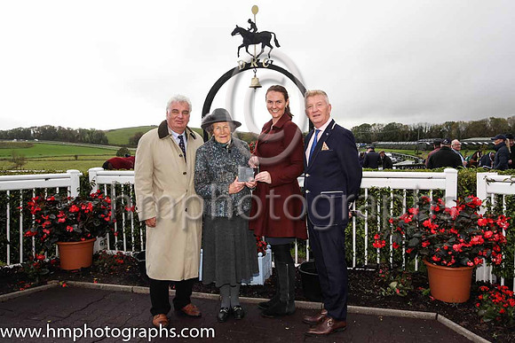 Peter Stewart, Chairman of the Board of Directors, Mrs William Brownlow, Patron, Ruth Harrison and Richard Lyttle, Manager of Downpatrick Racecourse with the 2018 Northern Ireland Hospitality Sports V