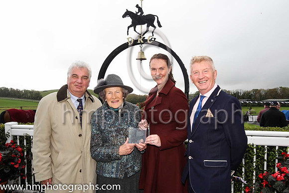 Peter Stewart, Chairman of the Board of Directors, Mrs William Brownlow, Patron, Ruth Harrison and Richard Lyttle, Manager of Downpatrick Racecourse with the 2018 Northern Ireland Hospitality Sports V