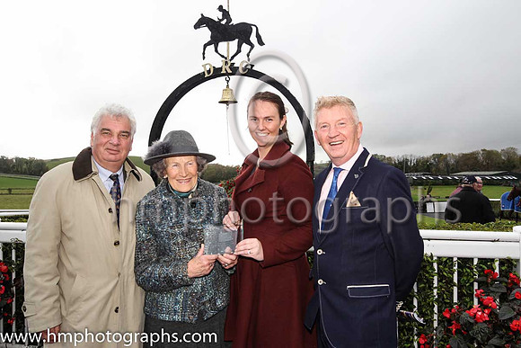 Peter Stewart, Chairman of the Board of Directors, Mrs William Brownlow, Patron, Ruth Harrison and Richard Lyttle, Manager of Downpatrick Racecourse with the 2018 Northern Ireland Hospitality Sports V
