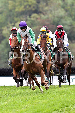 Miss Macauley ( Purple Cap) , Jockey Mr B T O'Connell - 13th in the lead - Lets Go sunshine , Jockey Mr B O'Neill - winner in centre in Yellow and Blue Spots - FT8E4048-e