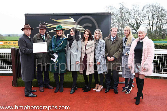 Jim Nicholson, Chairman of the Corporation of Horse Breeders, Noel Meade and his wife Derville, and Down Royal staff; Caroline Todd, Susan McCartney, Leah Beattie, Mike Todd Manager , Molly McCloskey