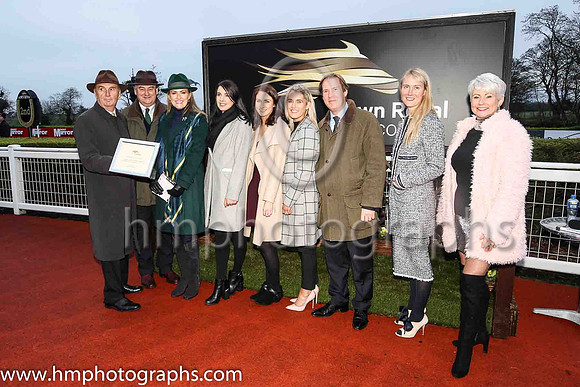 Jim Nicholson, Chairman of the Corporation of Horse Breeders, Noel Meade and his wife Derville, and Down Royal staff; Caroline Todd, Susan McCartney, Leah Beattie, Mike Todd Manager , Molly McCloskey