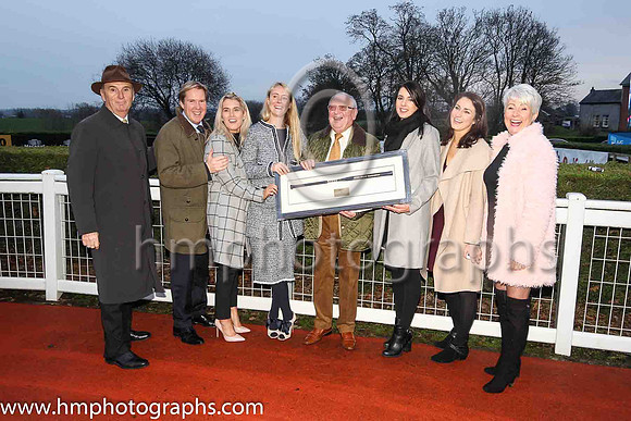 Presentation to Derek McKeague by Down Royal staff, Jim Nicholson, Mike Todd,Leah Beattie, Molly McCloskey. Caroline Todd, Susan McCartney and Pamela Ballantine