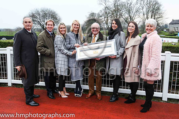 Presentation to Derek McKeague by Down Royal staff, Jim Nicholson, Mike Todd,Leah Beattie, Molly McCloskey. Caroline Todd, Susan McCartney and Pamela Ballantine