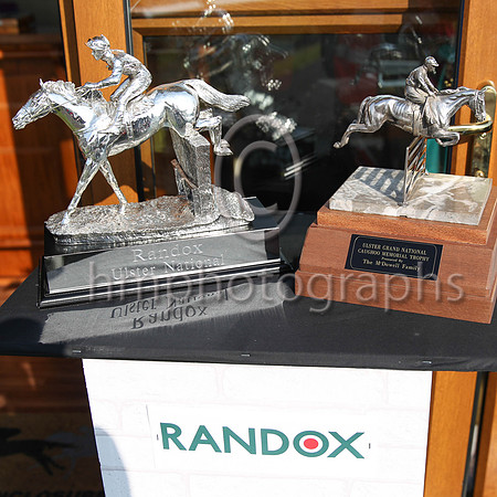 The trophies for the winner of the Randox Ulster National Steeplechase at Downpatrick Racecourse. On the left the Randox Trophy and on the right the Ulster Grand National Caughoo Memorial Trophy prese
