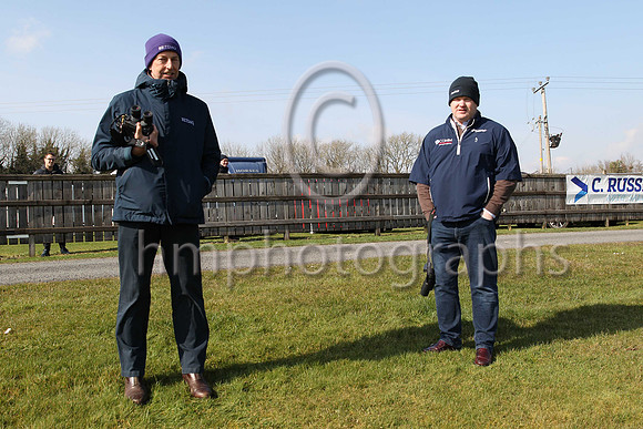 Gavin Cromwell and Gordon Elliott keep their distance at Downpatrick Racecourse due COCID-19 instructions