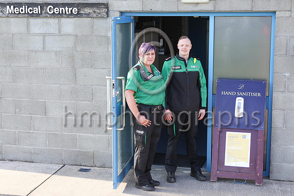 St John Ambulancestaff Kate Crawford and Raymond Sewell on dutyand about to use the sanitiser at Downpatrick Racecourse at the Randox Ulster National Meeting. St John ambulance staff were in attendanc