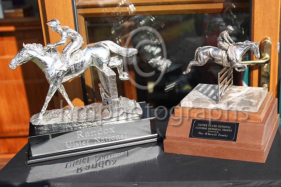 The trophies for the winner of the Randox Ulster National Steeplechase at Downpatrick Racecourse. On the left the Randox Trophy and on the right the Ulster Grand National Caughoo Memorial Trophy prese