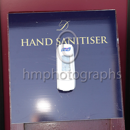 Hand sanitiser outside the weighing room at Down Racecourse on Randox Ulster National Day.