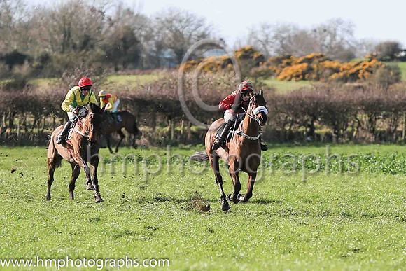 01st HORENDUS HULABALOO and Ms Karen Ferris ( 1 , EMERALD GREEN,red chevrons; red sleeves; red  emerald green hooped cap ) Trainer: D.M. Christie,, Owner : D.M. Christie