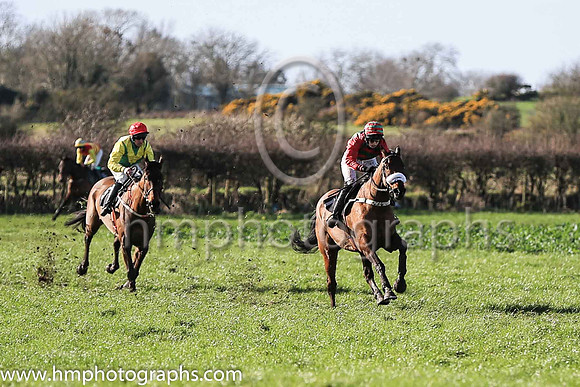 01st HORENDUS HULABALOO and Ms Karen Ferris ( 1 , EMERALD GREEN,red chevrons; red sleeves; red  emerald green hooped cap ) Trainer: D.M. Christie,, Owner : D.M. Christie