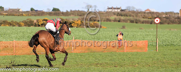 01st HORENDUS HULABALOO and Ms Karen Ferris ( 1 , EMERALD GREEN,red chevrons; red sleeves; red  emerald green hooped cap ) Trainer: D.M. Christie,, Owner : D.M. Christie