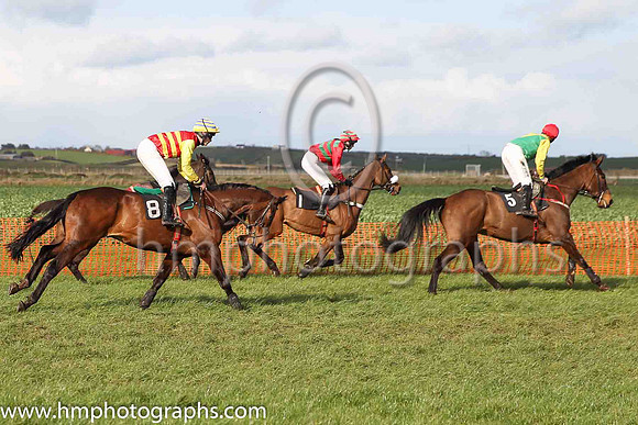 01st HORENDUS HULABALOO and Ms Karen Ferris ( 1 , EMERALD GREEN,red chevrons; red sleeves; red  emerald green hooped cap ) Trainer: D.M. Christie,, Owner : D.M. Christie