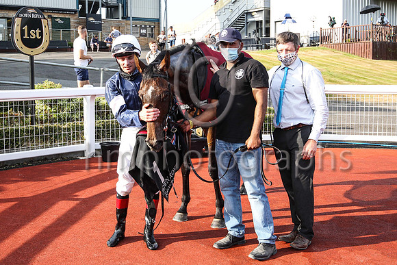 Declan McDonogh and Assistant Trainer to Joseph O'Brien Brendan Powell in the winners enclosure after Master of Reality won Her Majesty's Plate at Down Royal on 23rd July 2021 at Down Royal