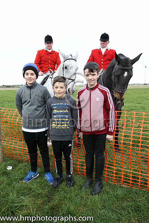 Jake Hamilton, Zac Leckie and Leo McGarry pose with huntsmen Barry James and Charlie McPolin at Kirkstown Point to Point steeplechases