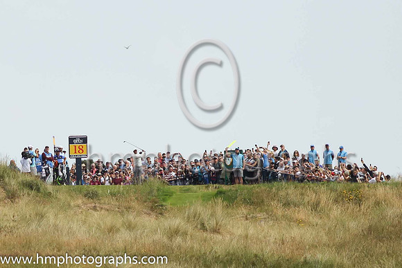 Tiger Woods driving at the 18th green on the second day if practice at the 2019 Open at Royal Portrush
